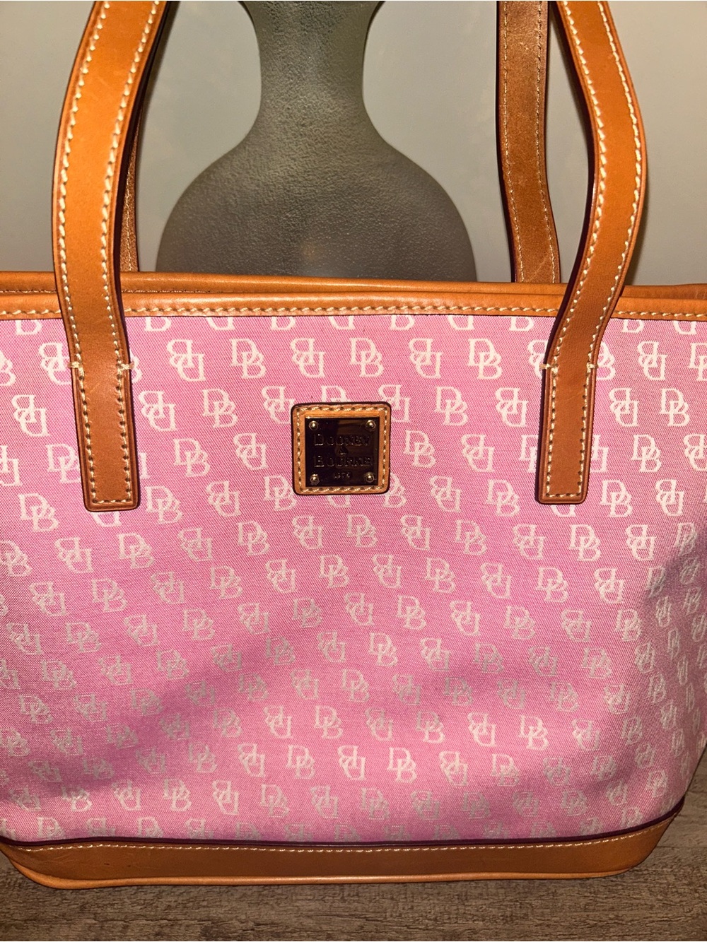 Vintage Dooney & Bourke Pink Signature DB Monogram Canvas Shoulder Tote Medium